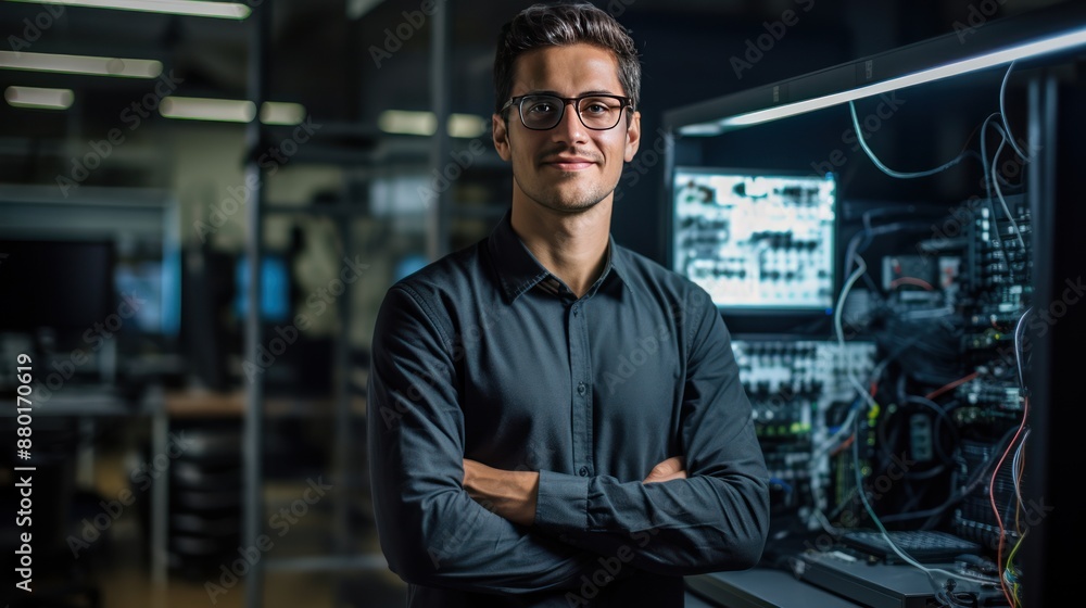 Poster young computer engineer smiling in high-tech office