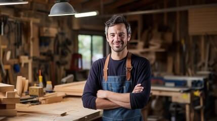 Obraz premium Young male carpenter standing in workshop smiling 