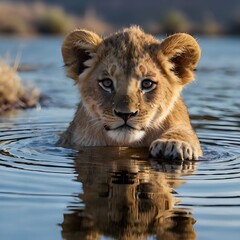 Lion cub looking the reflection of an adult lion in the water on a background of mountains...