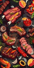 20 USA ribs flat design bird's-eye view barbecue theme cartoon drawing Split-complementary color scheme