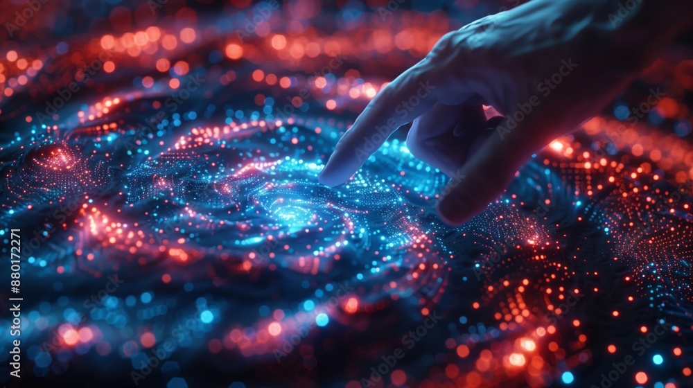 Poster a hand is pointing at the center of an abstract digital vortex, surrounded glowing blue and red dots
