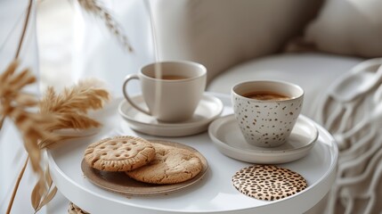 A white table with two stacked plates filled with cookies and coffee cups, a beige cheetah print coaster next to it