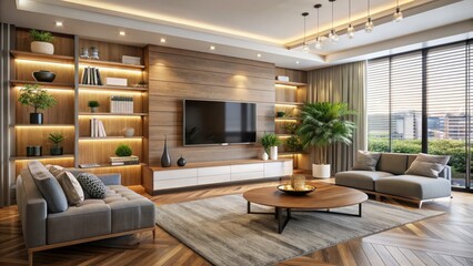 Fototapeta premium Modern living room interior featuring large flat screen television mounted on wall with empty display for advertising and design concepts.