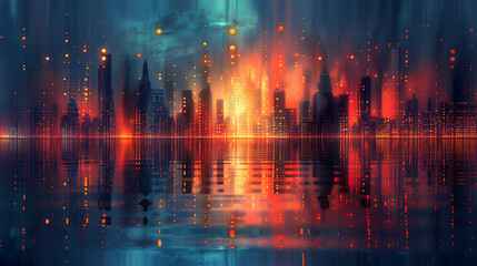 Abstract City Skyline at Night with Vibrant Lights and Reflections