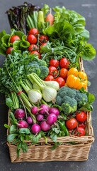 A clear photo of a basket filled with assorted organic vegetables