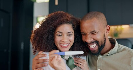 Happy couple, pregnancy test and positive with results for planning, parenthood and start family at home. Married people, man and pregnant woman with excitement for stick, fertility and hug for care