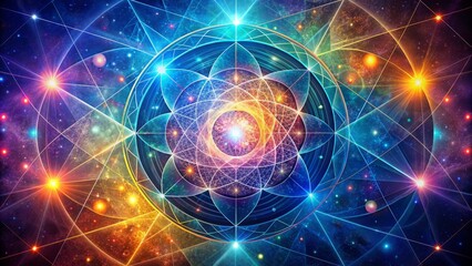 Obraz premium Geometric abstract illustration featuring minimalistic astral shapes, swirling lines, and vibrant colors, evoking a sense of modern cosmic wonder.