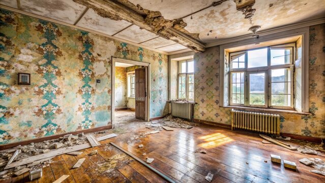 Dilapidated communal apartment interior with peeling rotten walls, cuffed floor, and worn wallpaper, emphasizing dire need for renovation and repair.