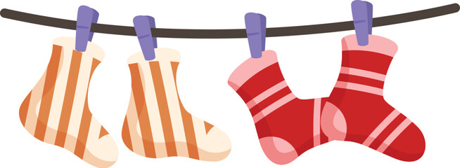 Clothesline with colorful socks drying after laundry is hanging on clothesline