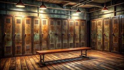 Retro style vacant locker room bench with worn wood and rusty lockers surrounded by dim lighting and old gym equipment.