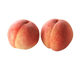 A close-up image of two fresh, ripe peaches placed against a white background. The peaches display a vibrant, natural hue, capturing the essence of summer and freshness.