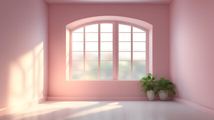Fototapeta premium A room with a pink wall and a window with a plant in a white vase