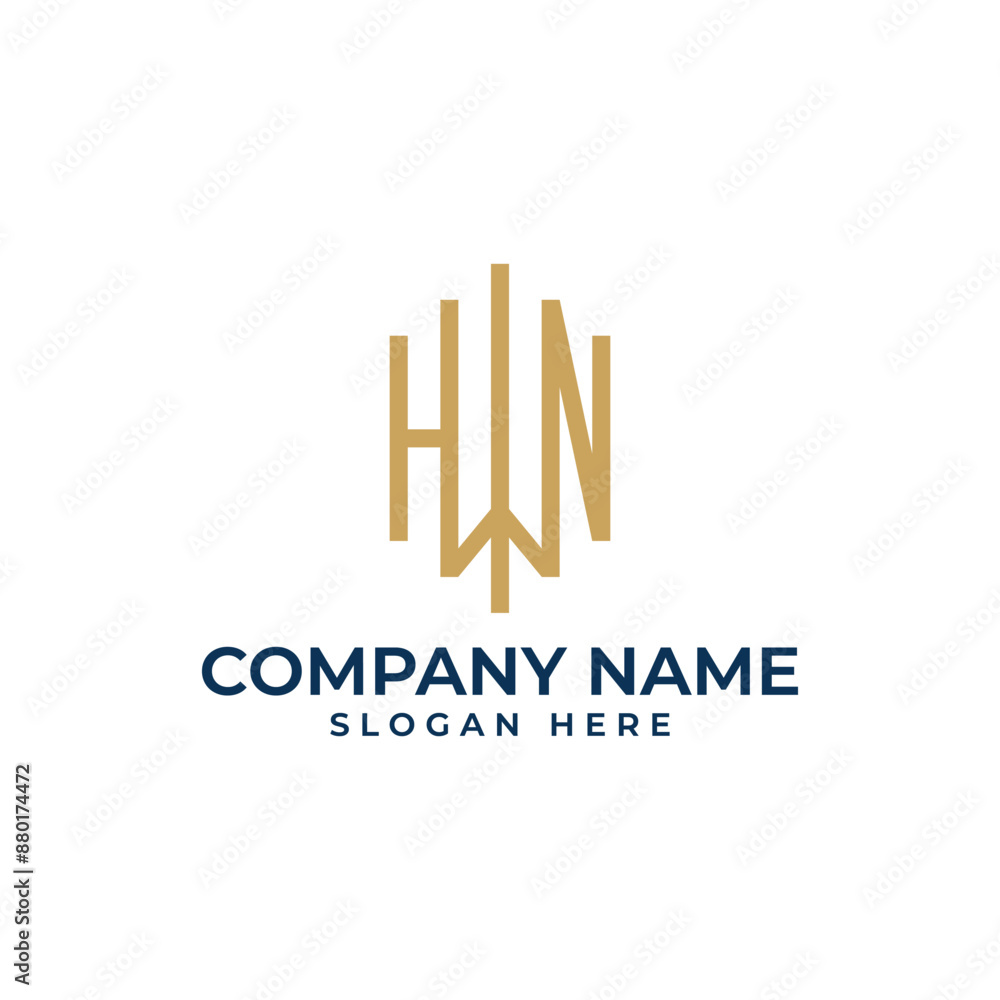 Aufkleber hwn initial logomark in the hexagon shape and gold color executed in modern minimalist elegance and 