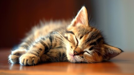 Close up photo of a sleeping kitten on a table