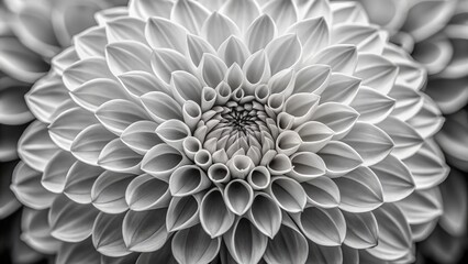 Elegant white dahlia bloom showcases intricate geometric patterns, velvety texture, and striking contrast in a stunning high-key black-and-white macro portrait.