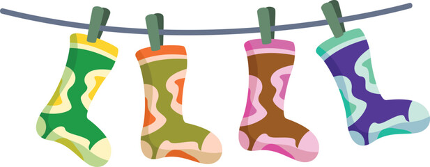 Obraz premium Four colorful socks hanging on clothesline and drying after laundry