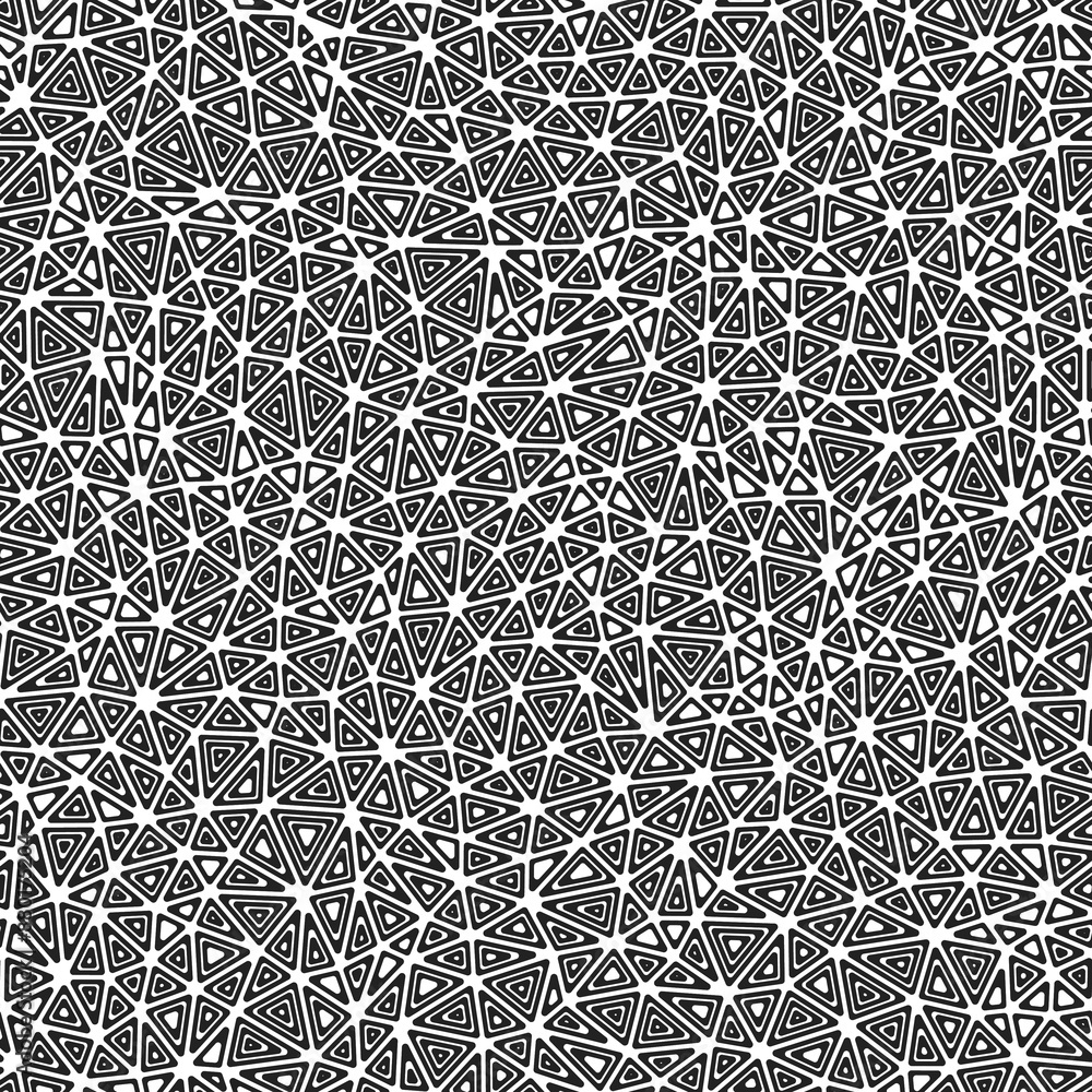 Poster tileable abstract background. multiple repeated inner triangles. small triangles size. black and whi