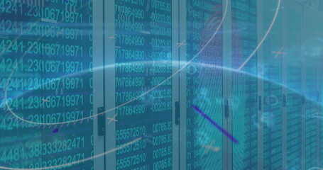 Image of financial data processing over globe and blue background