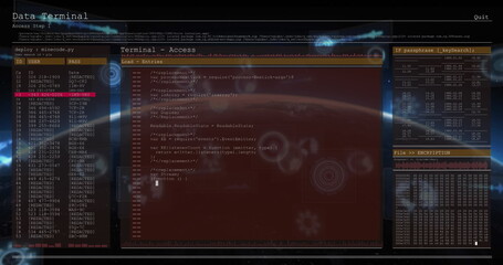 Image of data processing and scope scanning over globe on black background