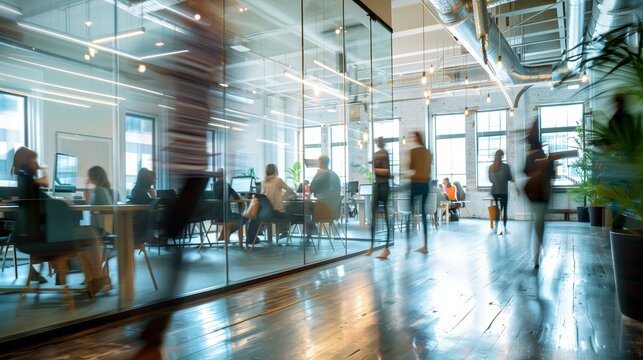 A blurred background of an open office space with business people walking around