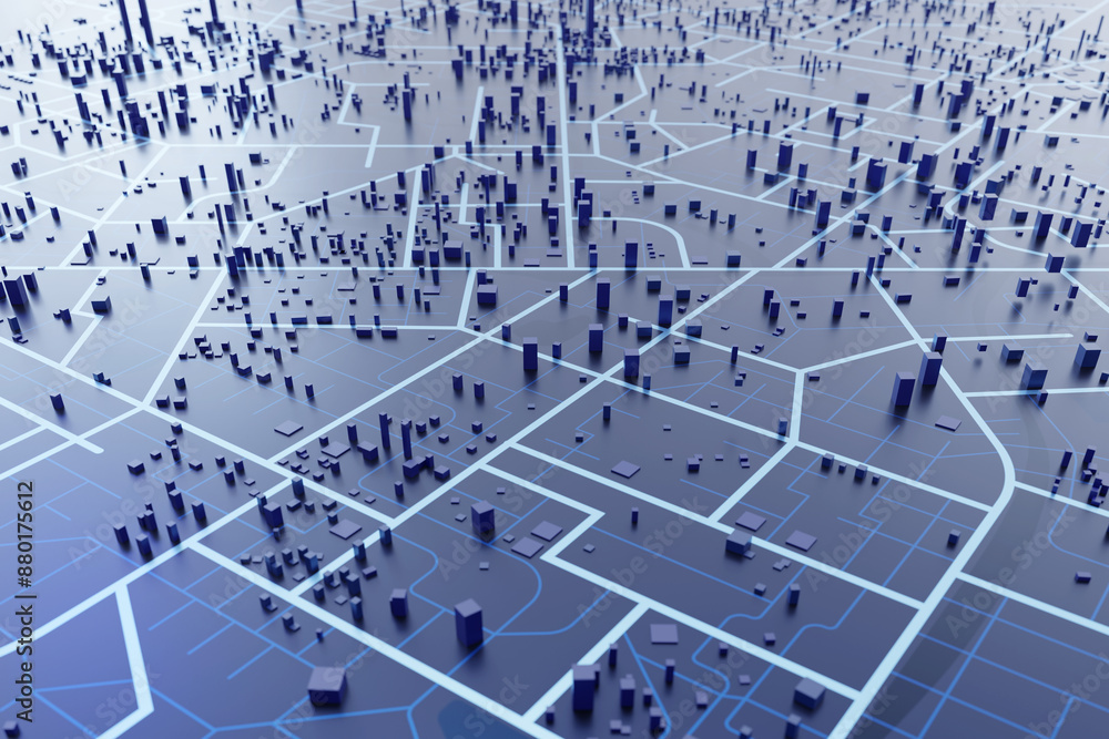 Poster 3d rendering city map illustration of a city map created using 3d modeling. top view of urban map wi