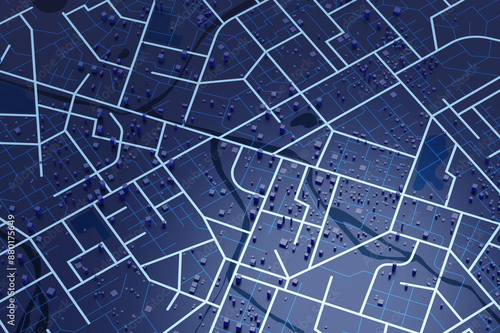 Poster 3d rendering city map illustration of a city map created using 3d modeling. top view of urban map wi