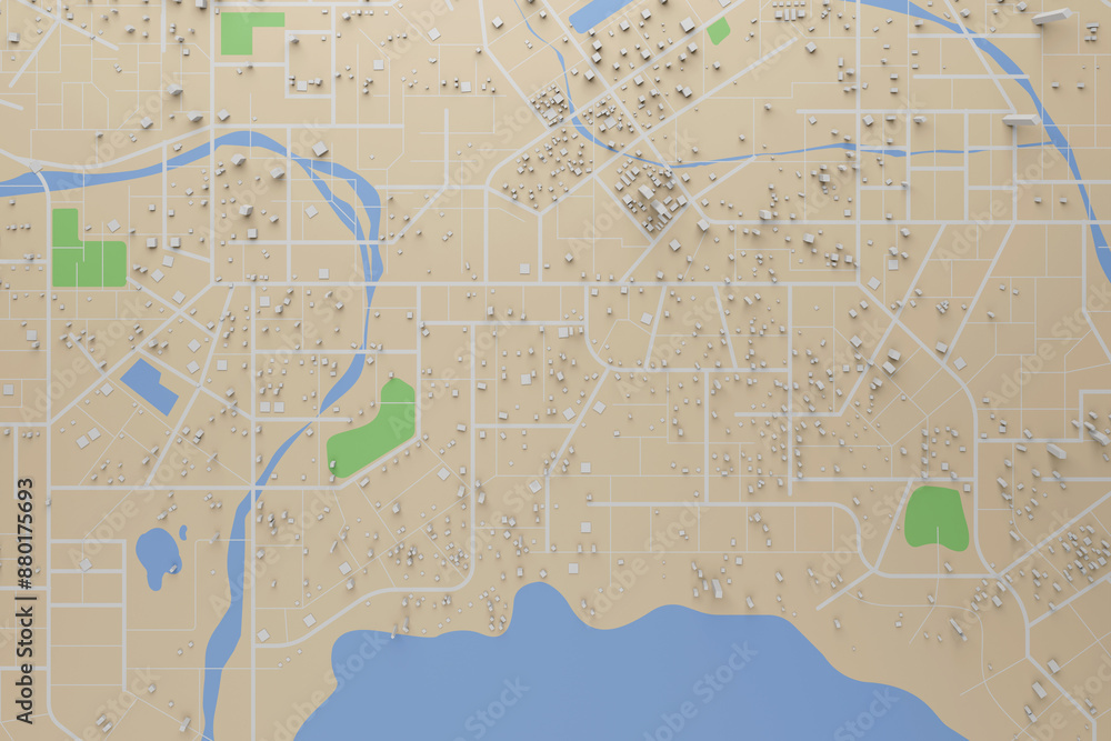 Poster 3d rendering city map illustration of a city map created using 3d modeling. top view of urban map wi