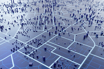 3D rendering city map illustration of a city map created using 3D modeling. Top view of Urban map with main road and sub road detailed representation of a city