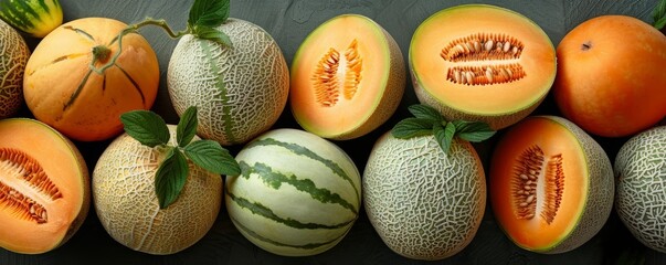 Assortment of ripe melons and watermelons, perfect for a refreshing summer snack.