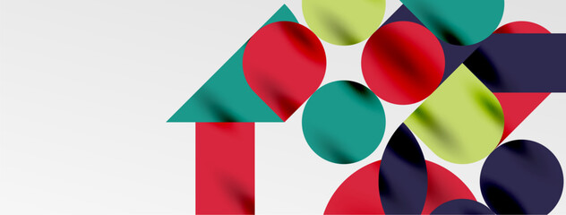 Mosaic geometric elements. Colorful circles, round geometric shapes and lines with shadow 3d effects. Simple forms abstract background for wallpaper, banner, template or landing
