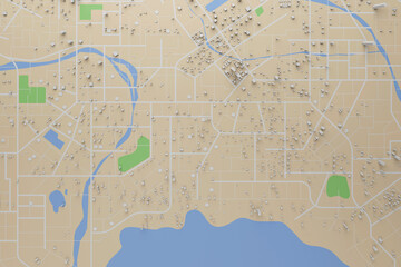 Fototapeta premium 3D rendering city map illustration of a city map created using 3D modeling. Top view of Urban map with main road and sub road detailed representation of a city