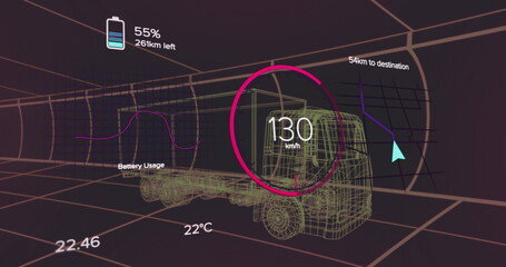 Image of 3d truck with battery icon and speedometer on graphic screen