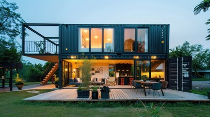 Obraz premium modern luxury big container house exterior in nature landscape, minimalism industrial style decor design, idea for sustainability for environmental preservation real estate concept, riverside home