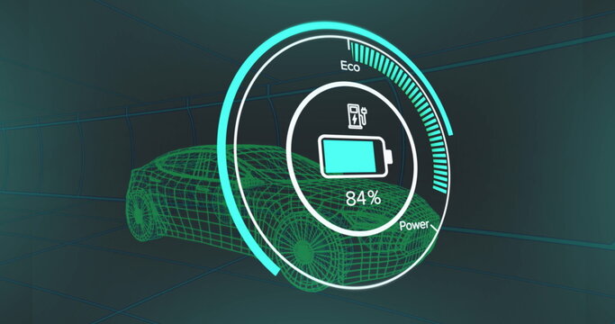 Image of 3d wire frame electric car with charging sign on graphic screen