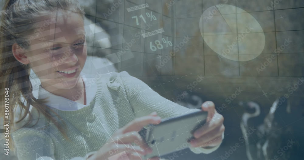 Poster image of globe and data processing over businesswoman using smartphone
