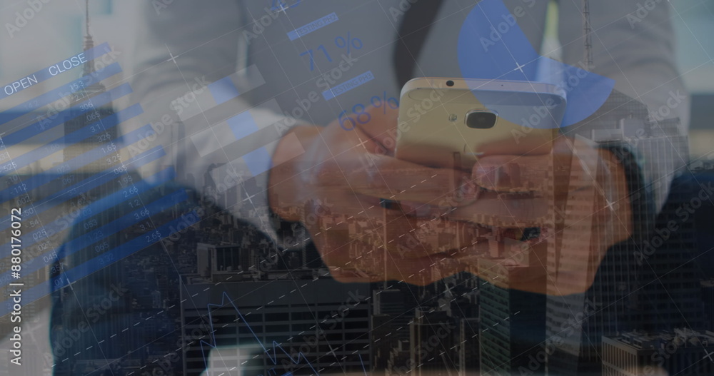 Poster image of statistics and financial data processing over caucasian man using smartphone