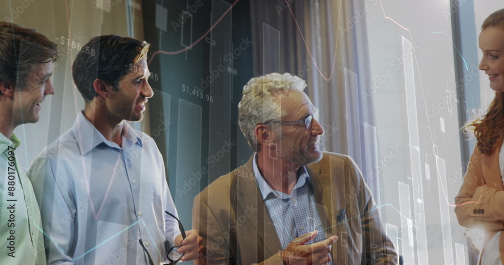 Aufkleber image of statistical data processing over diverse colleagues discussing together at office