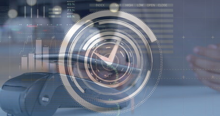 Image of clock, statistics and financial data processing over caucasian man using smartphone