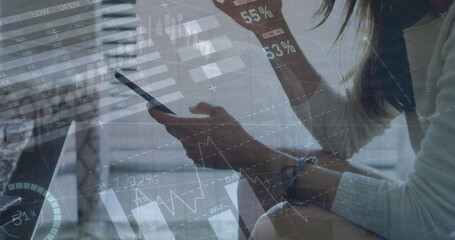 Image of statistics and financial data processing over worried caucasian woman using smartphone