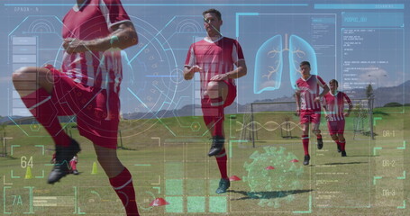 Image of screen with biological data over diverse male soccer players during training