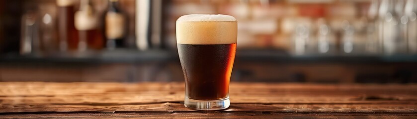 A Refreshing Chilled Pint of Stout Beer on a Wooden Bar Counter, Perfect for a Night Out or Relaxation