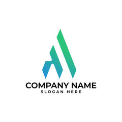 The AM initial logomark in sharp edge and upward arrow and blue green gradient in modern minimalist and technology style