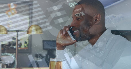 Image of statistics and financial data processing over african american man using smartphone