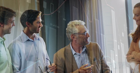 Image of statistical data processing over diverse colleagues discussing together at office