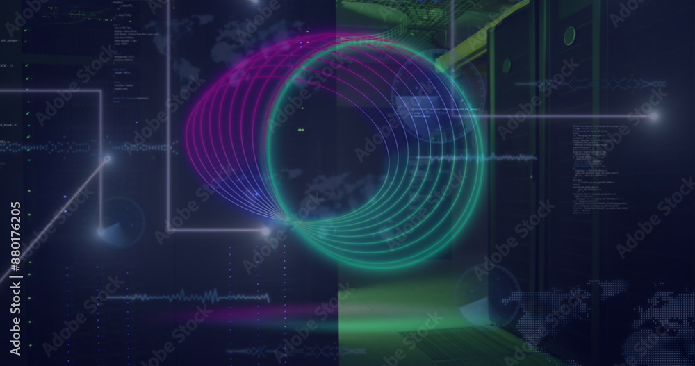 Poster image of circles over data processing and server room