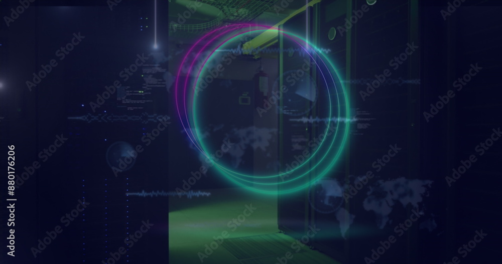 Poster image of circles over data processing and server room