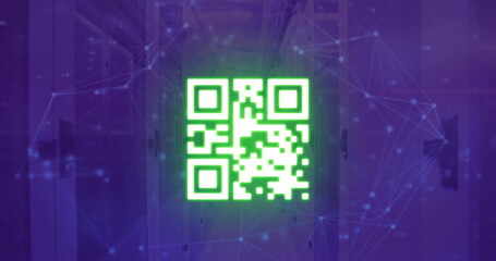 Image of qr code and network of connections over server room