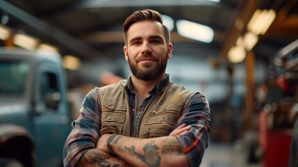 Naklejka premium Portrait of a smiling bearded worker standing at a factory, looking at the camera
