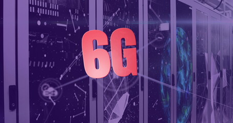 Image of 6g text and network of connections over server room