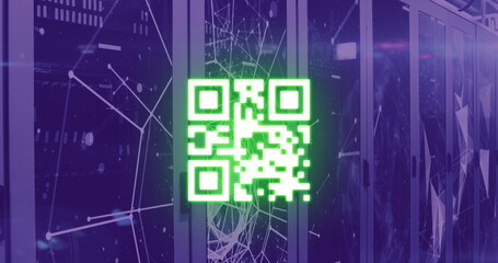 Image of qr code and network of connections over server room
